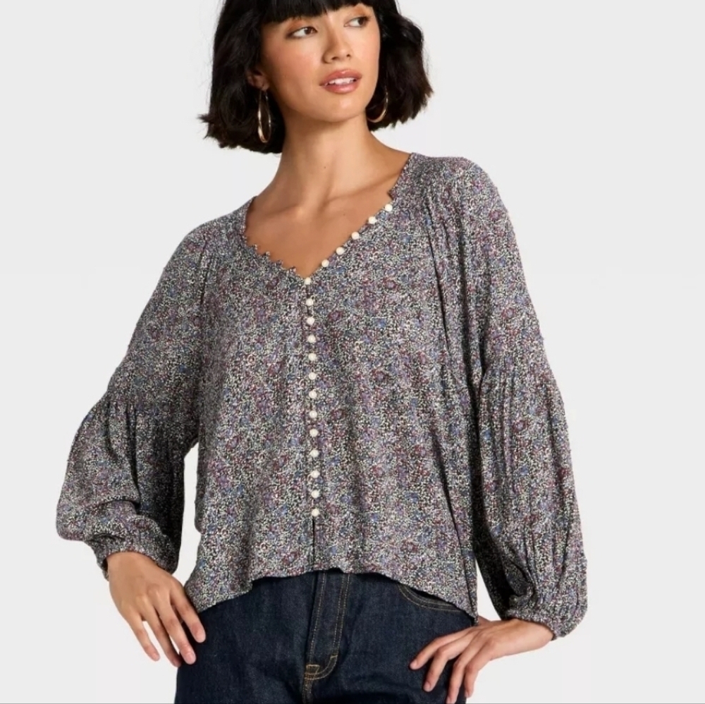 100% Rayon Blouse Button Down Abstract Loose Fit Casual Everyday Top Size XS